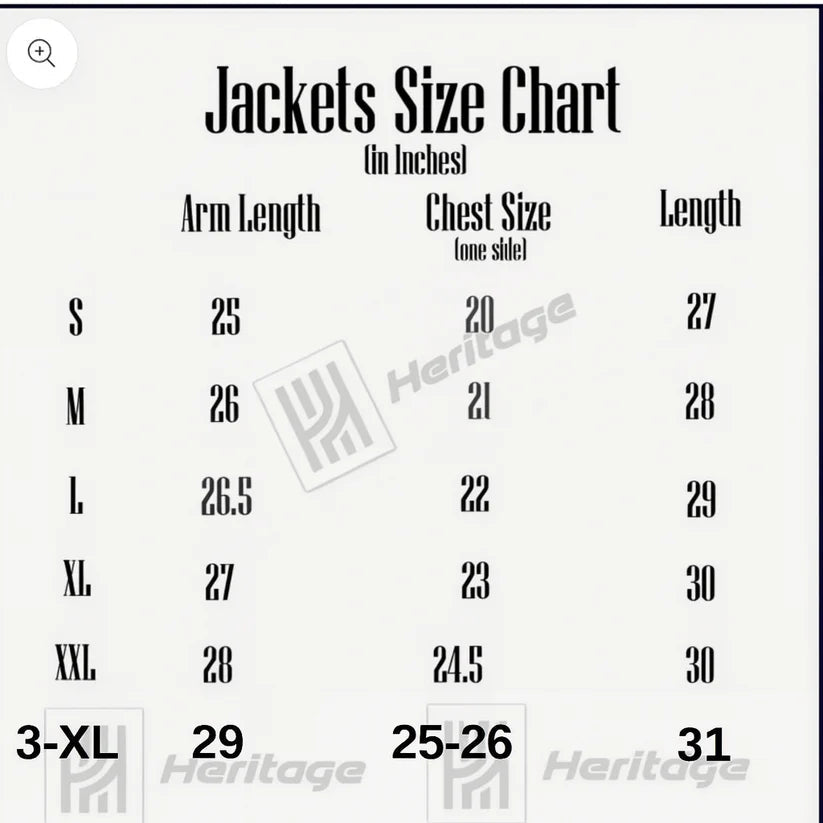 Jackets size chart with measurements in inches for arm length, chest size, and length, branded with 'Heritage'.