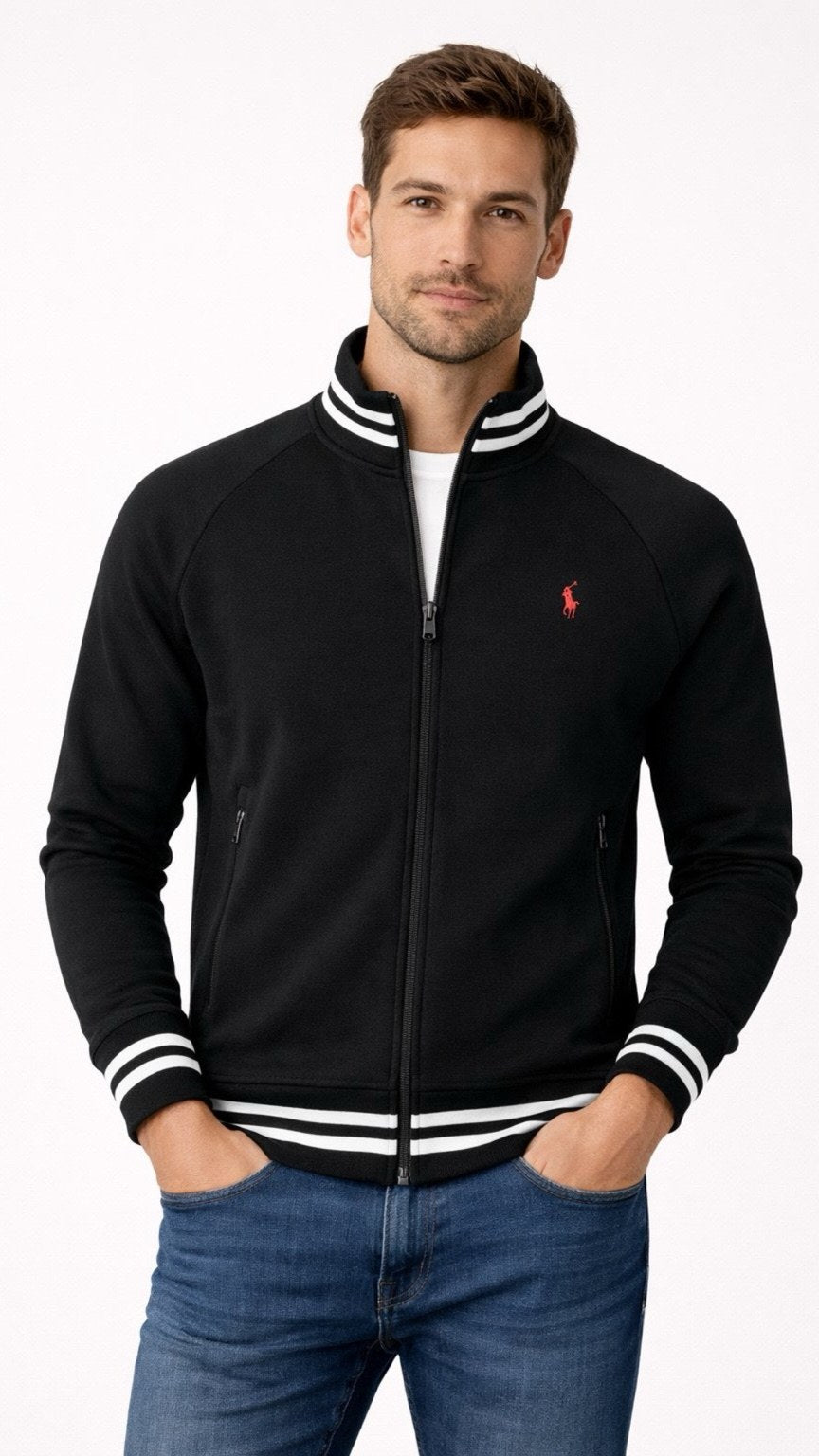 Man wearing a black jacket with white stripes and a red logo on a white background