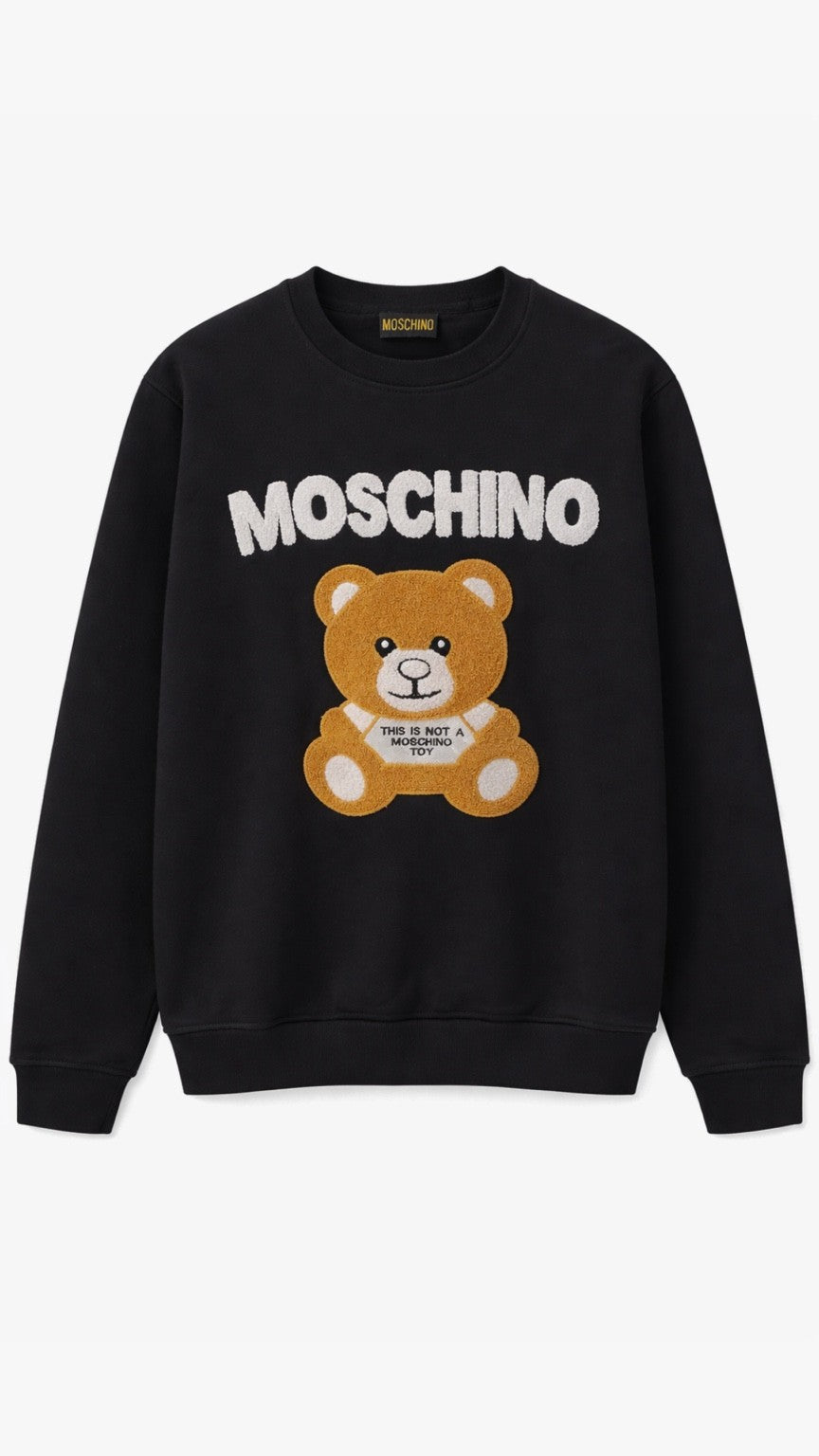 Black Moschino sweatshirt with a teddy bear graphic on a white background