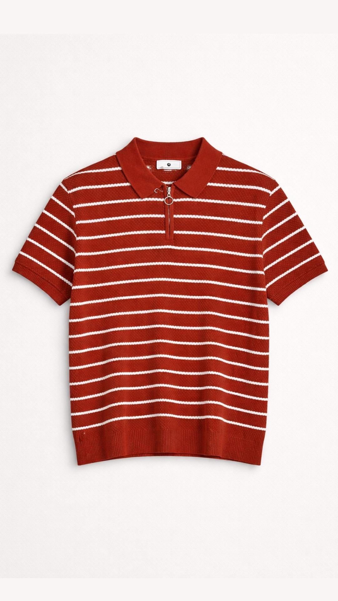 Premium Knitted Burnt Orange Striped Zip Polo