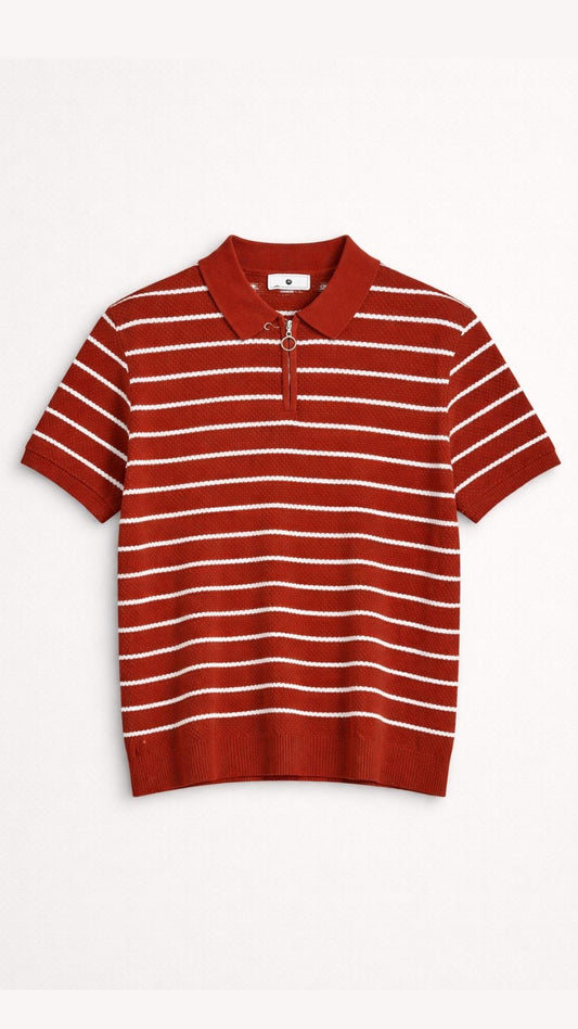 Premium Knitted Burnt Orange Striped Zip Polo