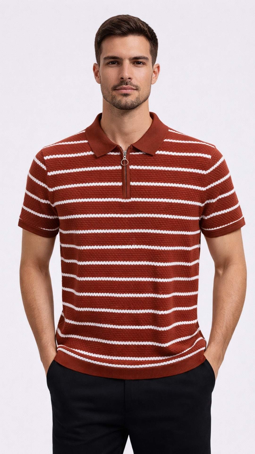 Premium Knitted Burnt Orange Striped Zip Polo