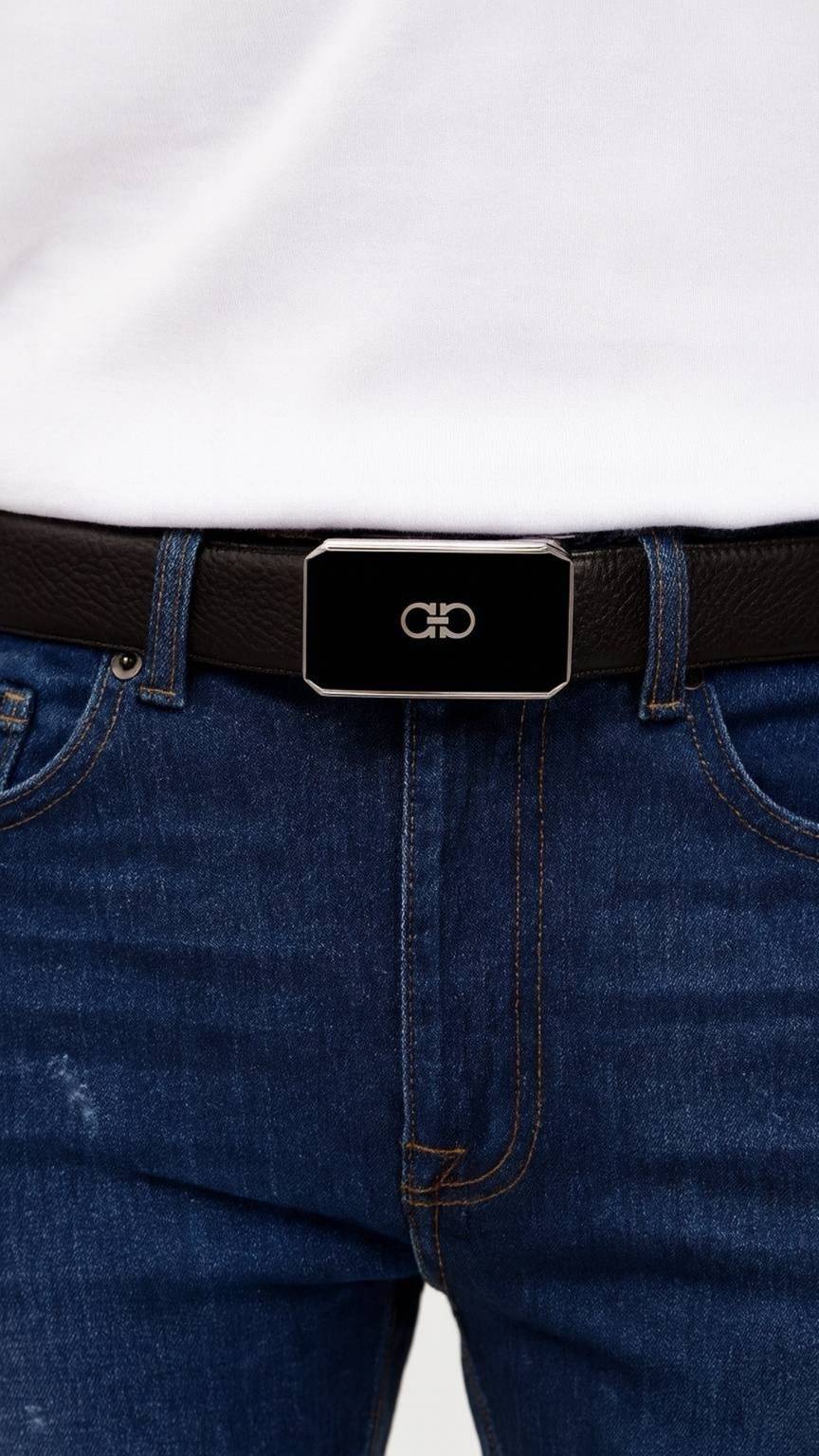 Person wearing a black belt with a silver buckle on blue jeans against a white background