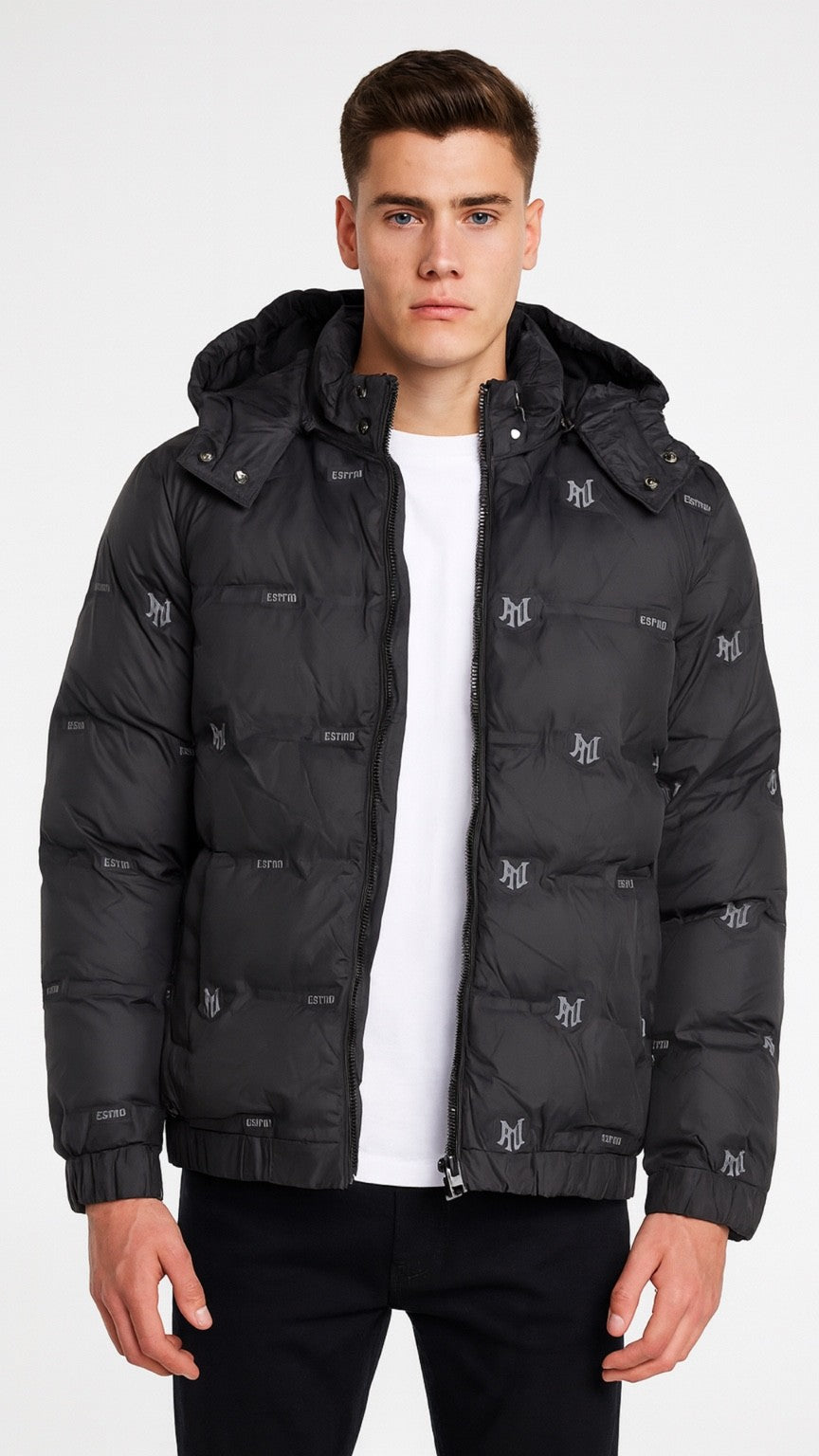 Man wearing a black puffer jacket on a white background