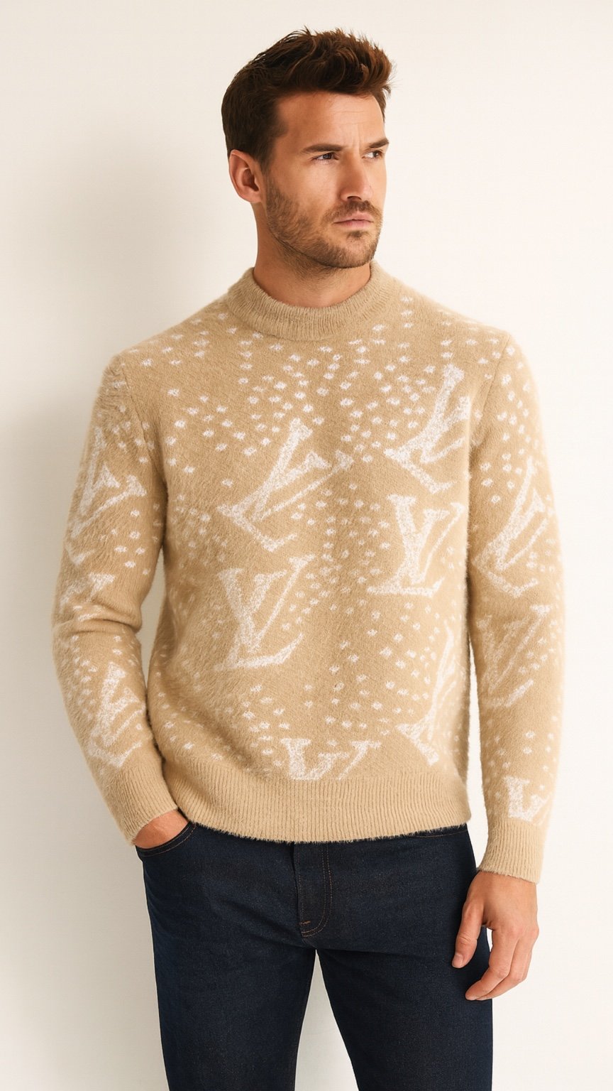 Man wearing a beige sweater with a logo pattern against a white background