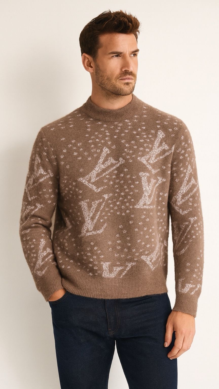 Man wearing a brown sweater with a pattern against a white background