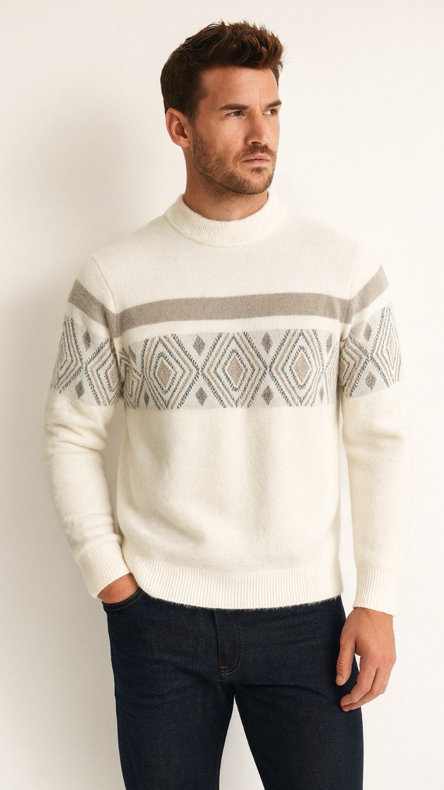Man wearing a cream sweater with geometric patterns against a white background