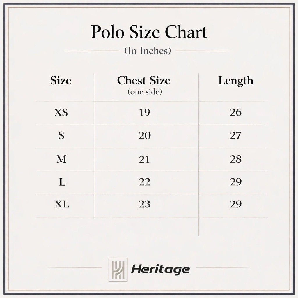 Polo size chart in inches with Heritage logo