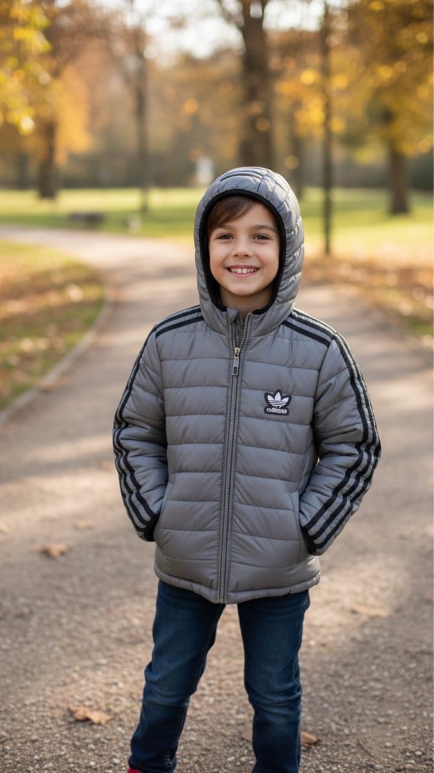 Child wearing a gray Adidas puffer jacket in a park setting