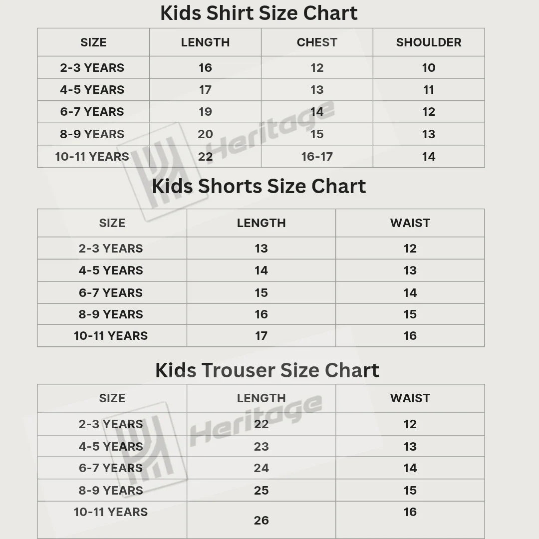 Size charts for kids shirts, shorts, and trousers with measurements in centimeters.