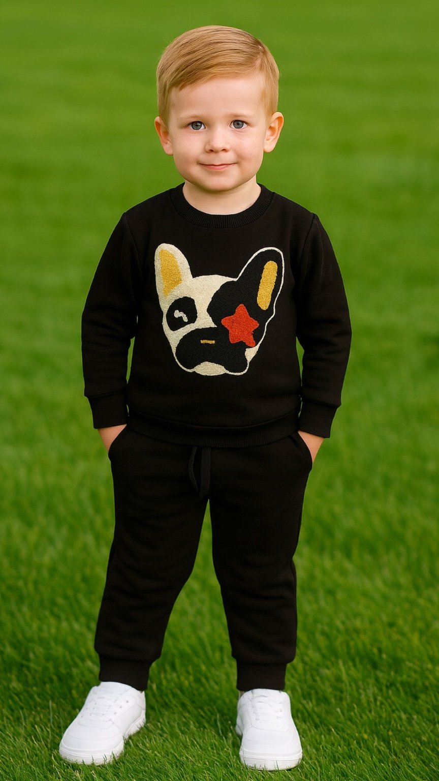 Child wearing a black sweatshirt with a dog graphic on a grassy background