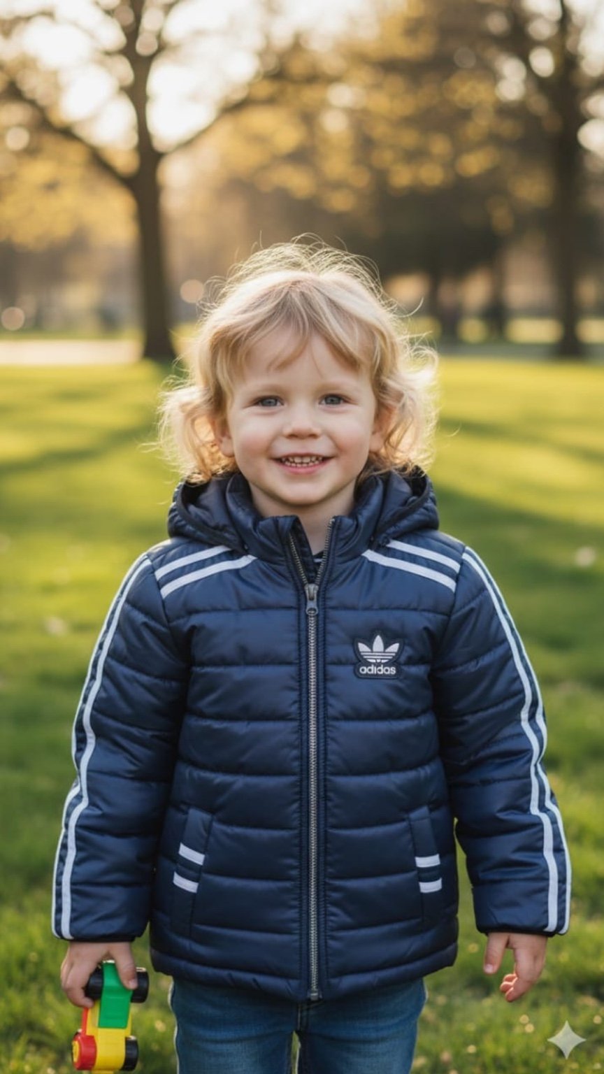 Child wearing a blue Adidas jacket in a park setting