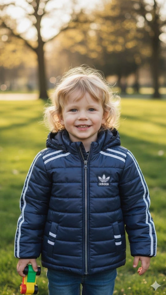 Child wearing a blue Adidas jacket in a park setting