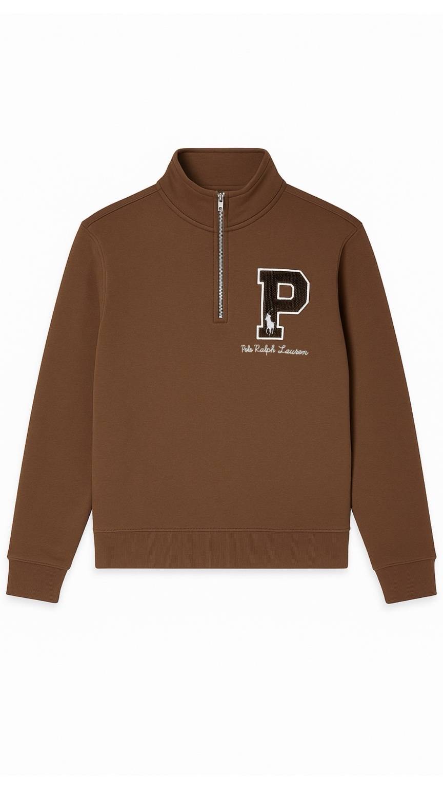 Brown quarter-zip sweatshirt with a logo and text on a white background