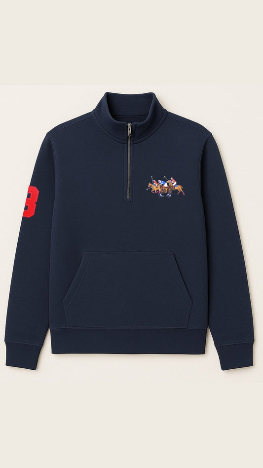 Navy blue sweatshirt with a colorful graphic on the chest and red number '3' on the sleeve against a white background