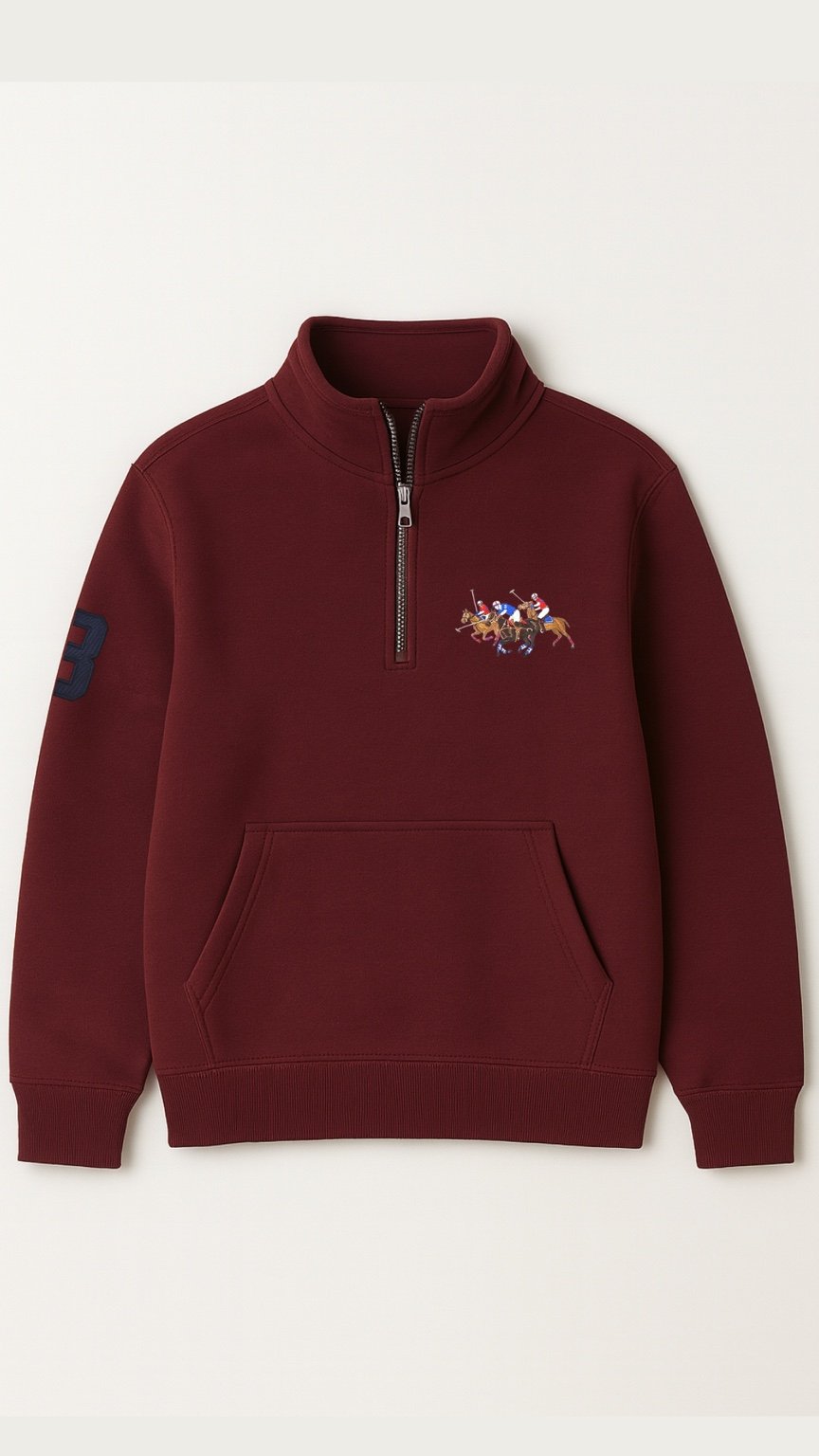 Maroon half-zip sweatshirt with a small design on the chest against a white background