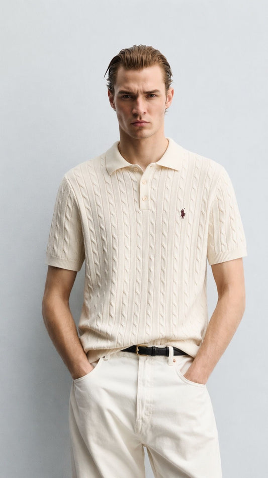 RL-Imported Cable Knit Polo Off-White