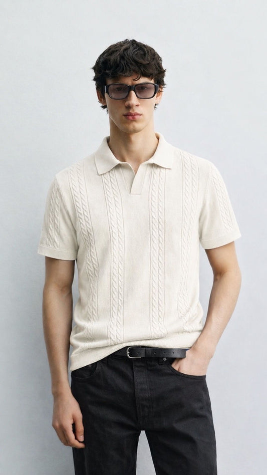 ZR-Noir Luxe Cable Knit Polo Off White