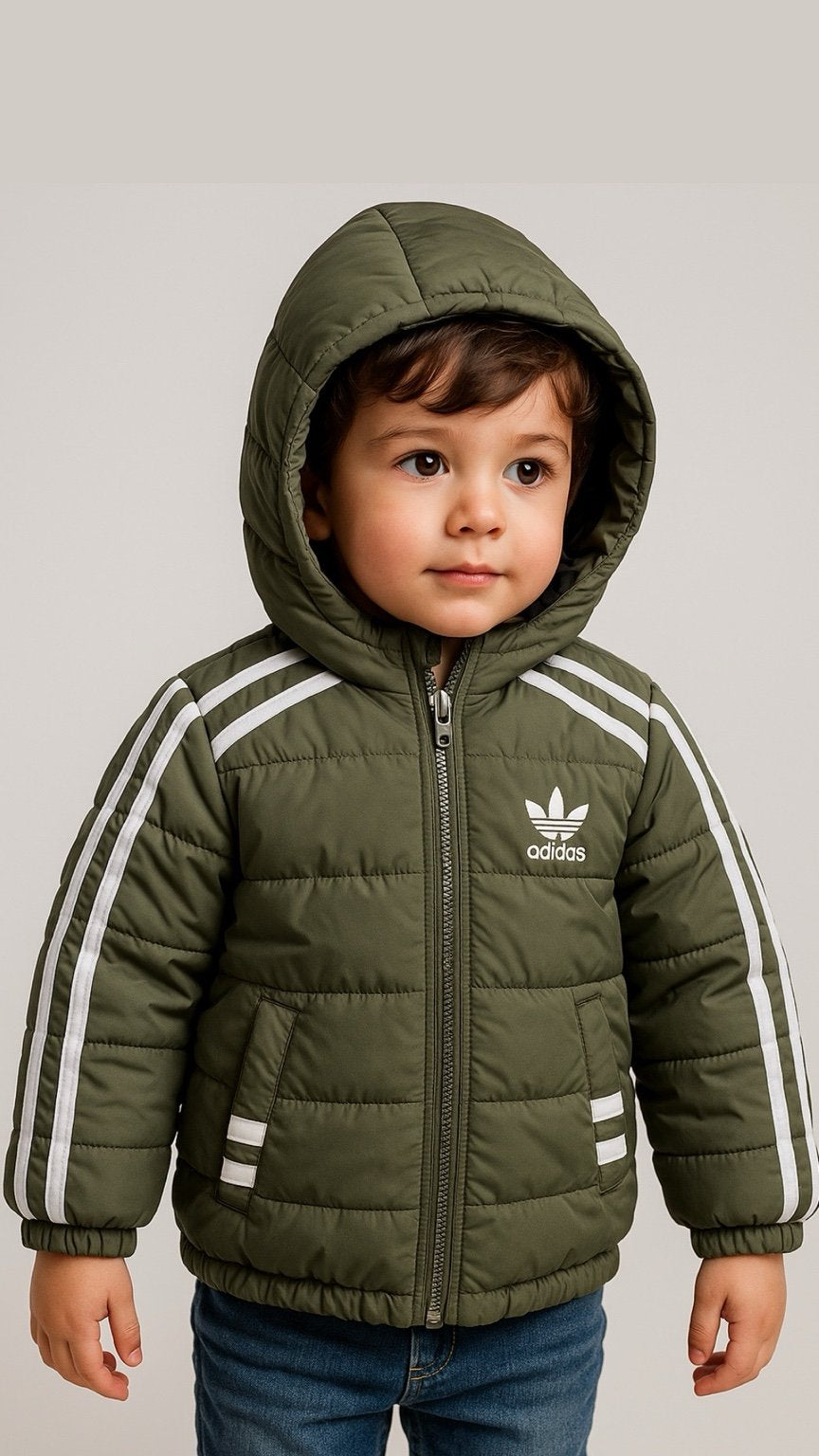 Child wearing a green Adidas puffer jacket with a plain background