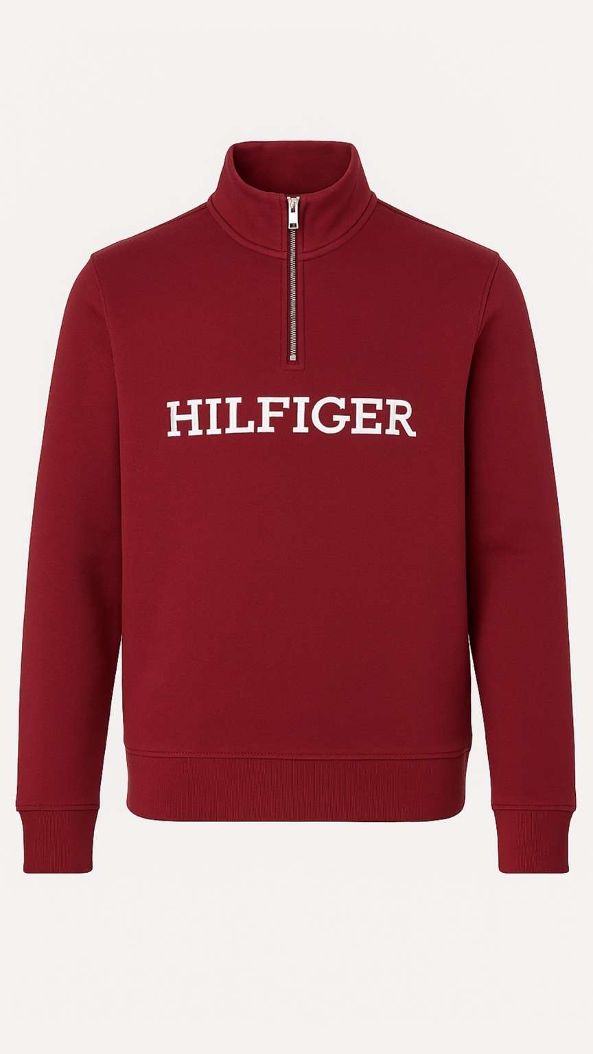 Red sweatshirt with 'HILFIGER' logo on a white background