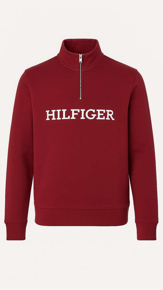 Red sweatshirt with 'HILFIGER' logo on a white background