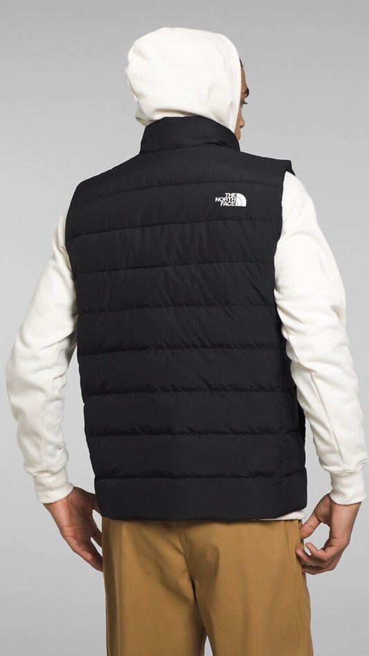 Person wearing a black North Face vest on a gray background