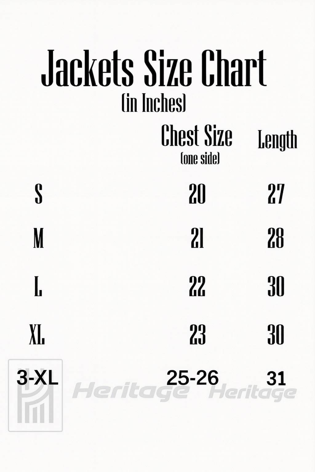 Jackets size chart in inches with chest and length measurements on a white background.