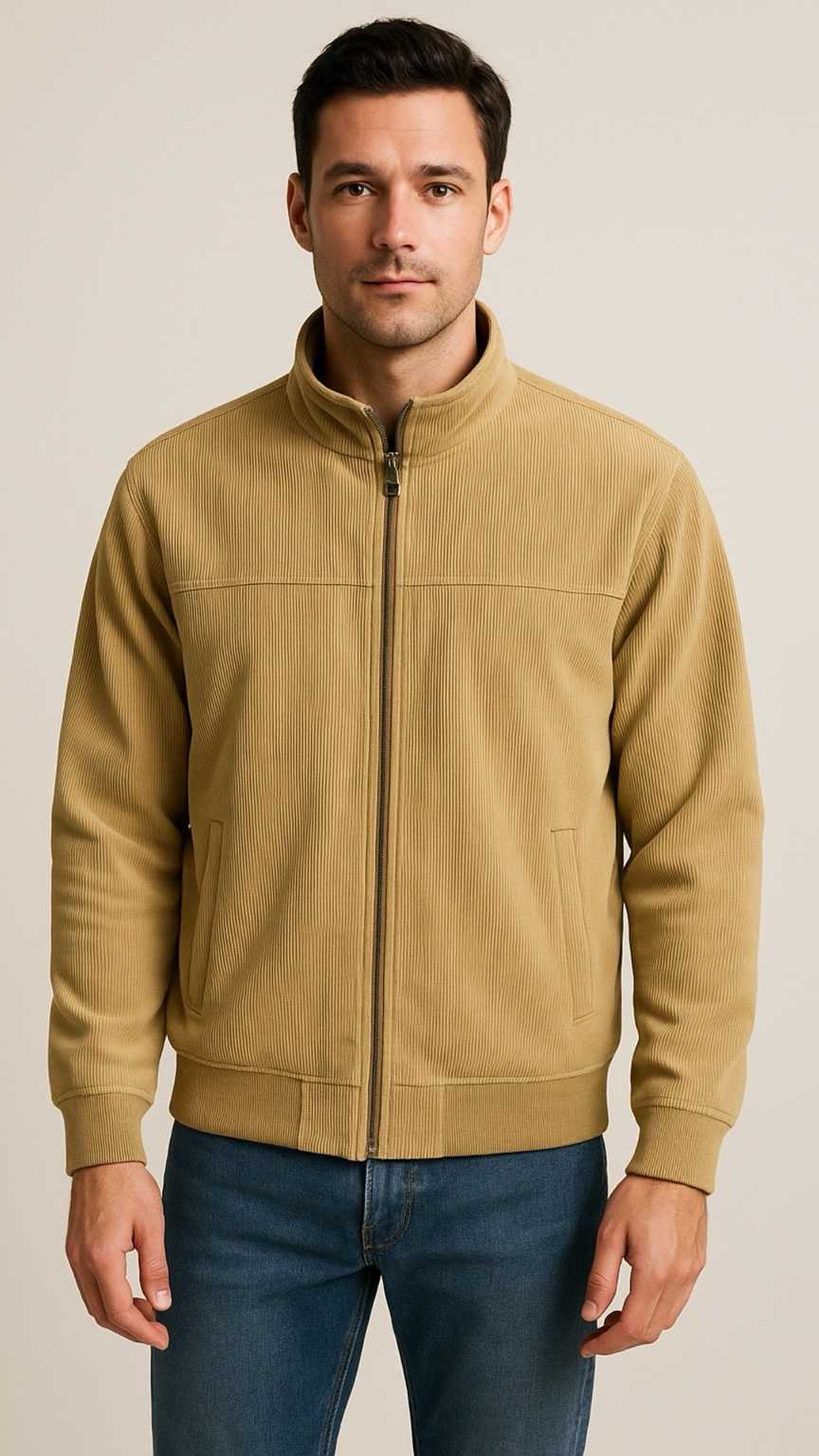 Man wearing a beige jacket and blue jeans on a plain background