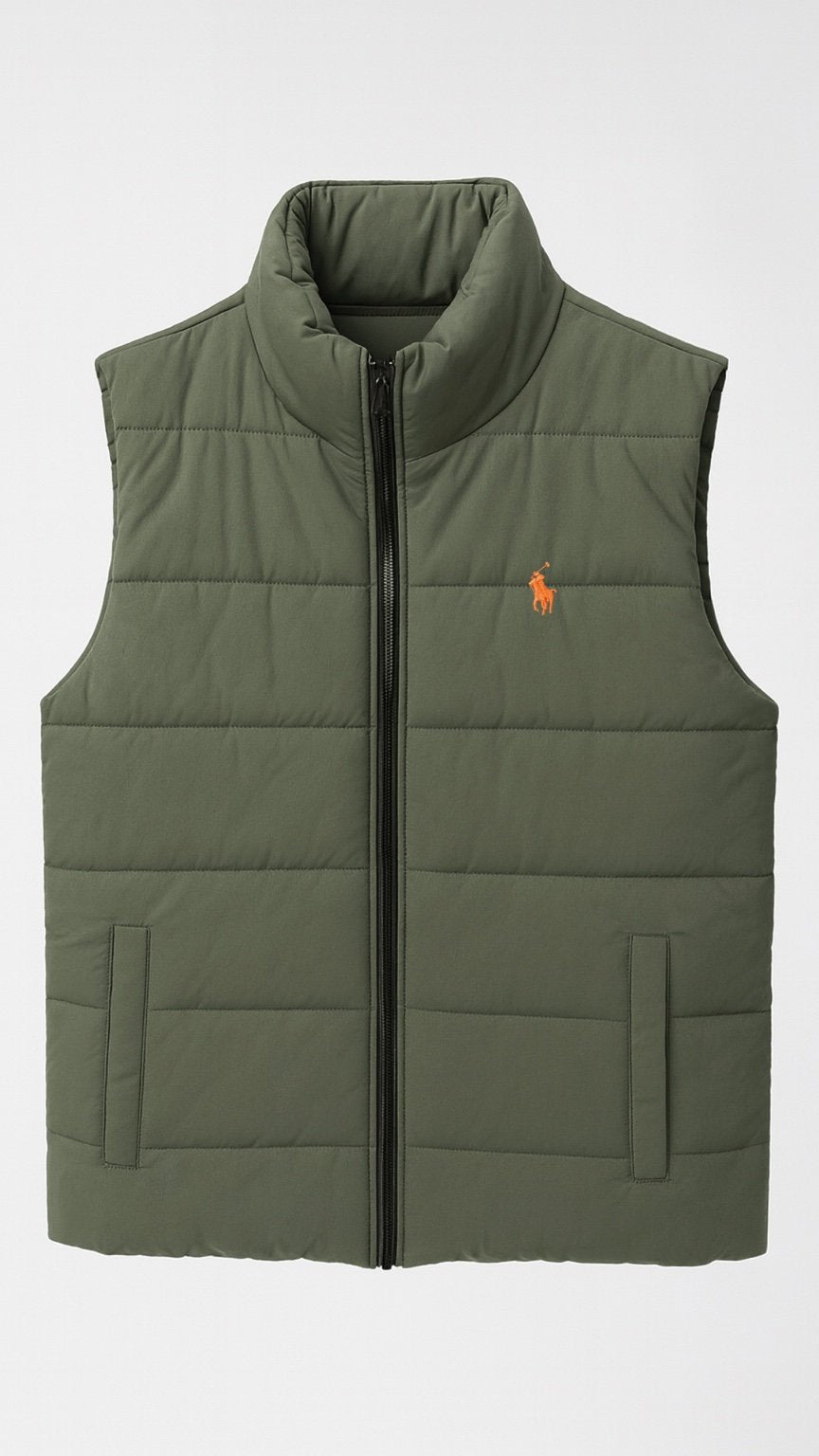 Green puffer vest with a brand logo on a white background