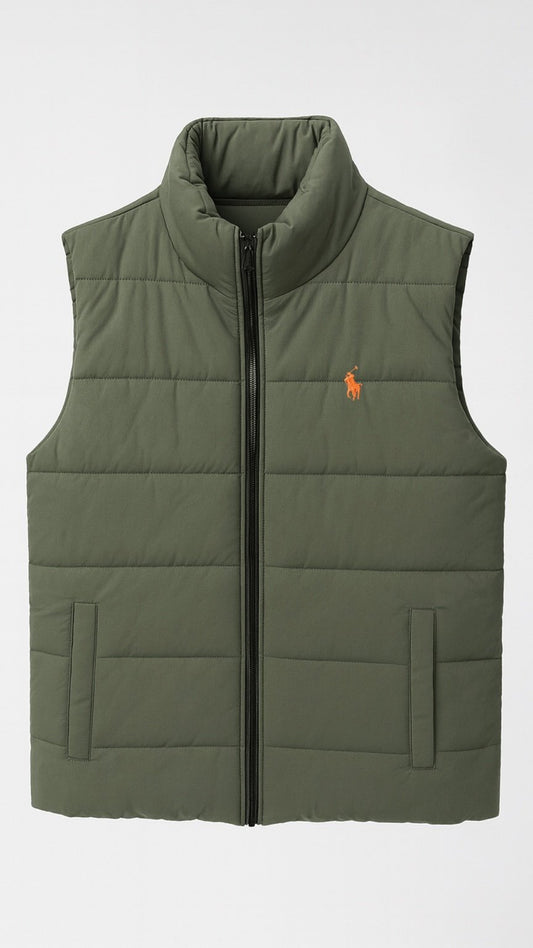 Green puffer vest with a brand logo on a white background