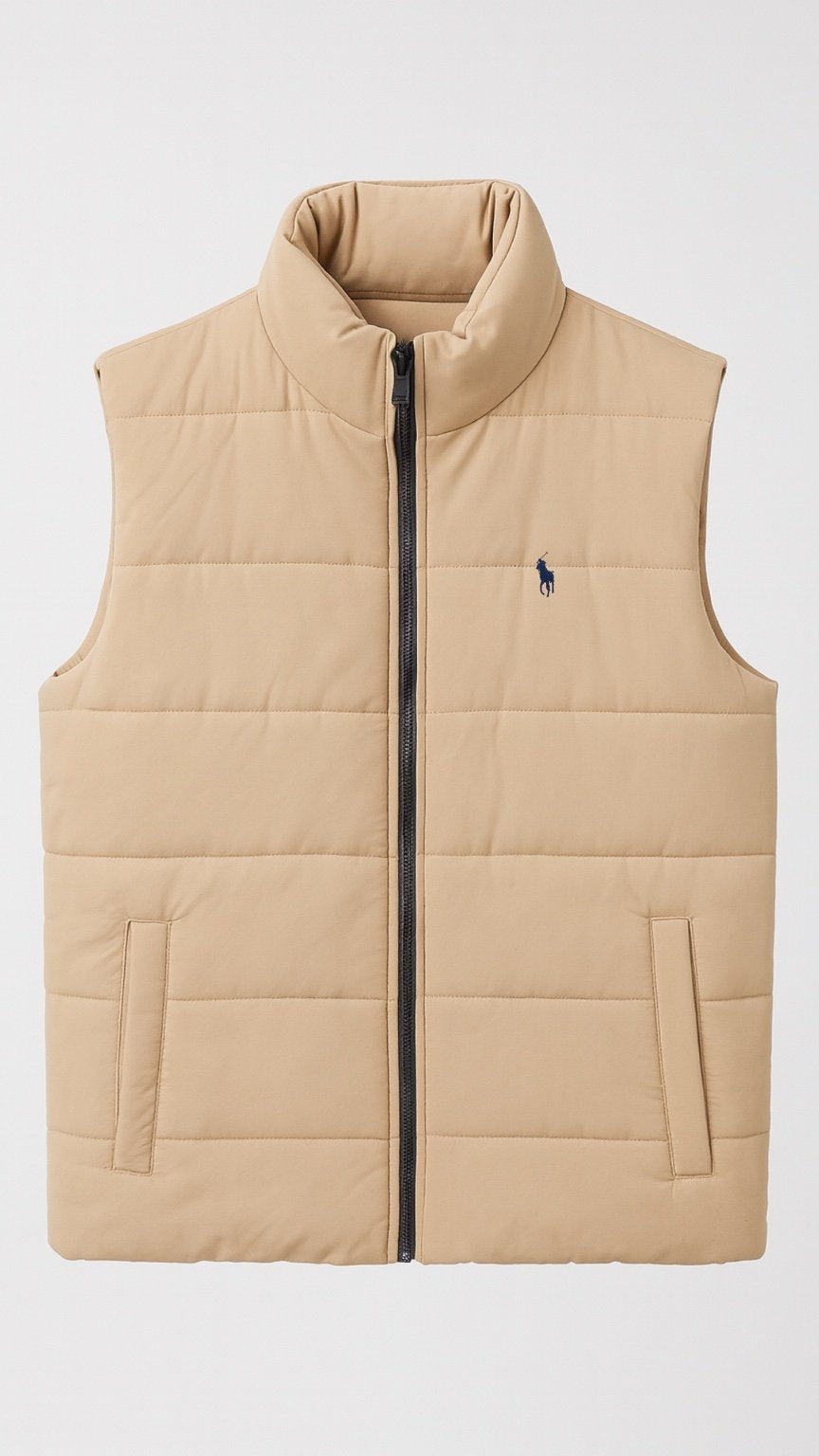 Beige puffer vest with a brand logo on a light gray background