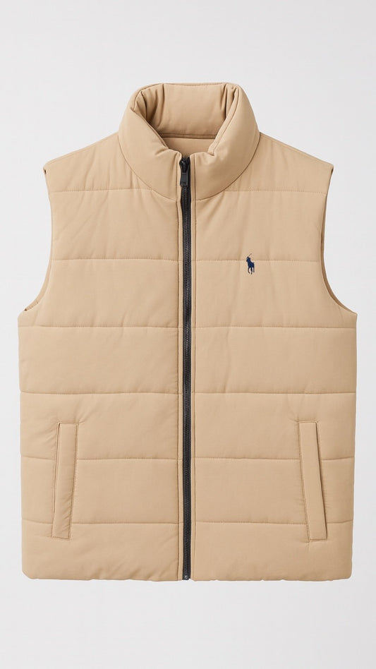 Beige puffer vest with a brand logo on a light gray background