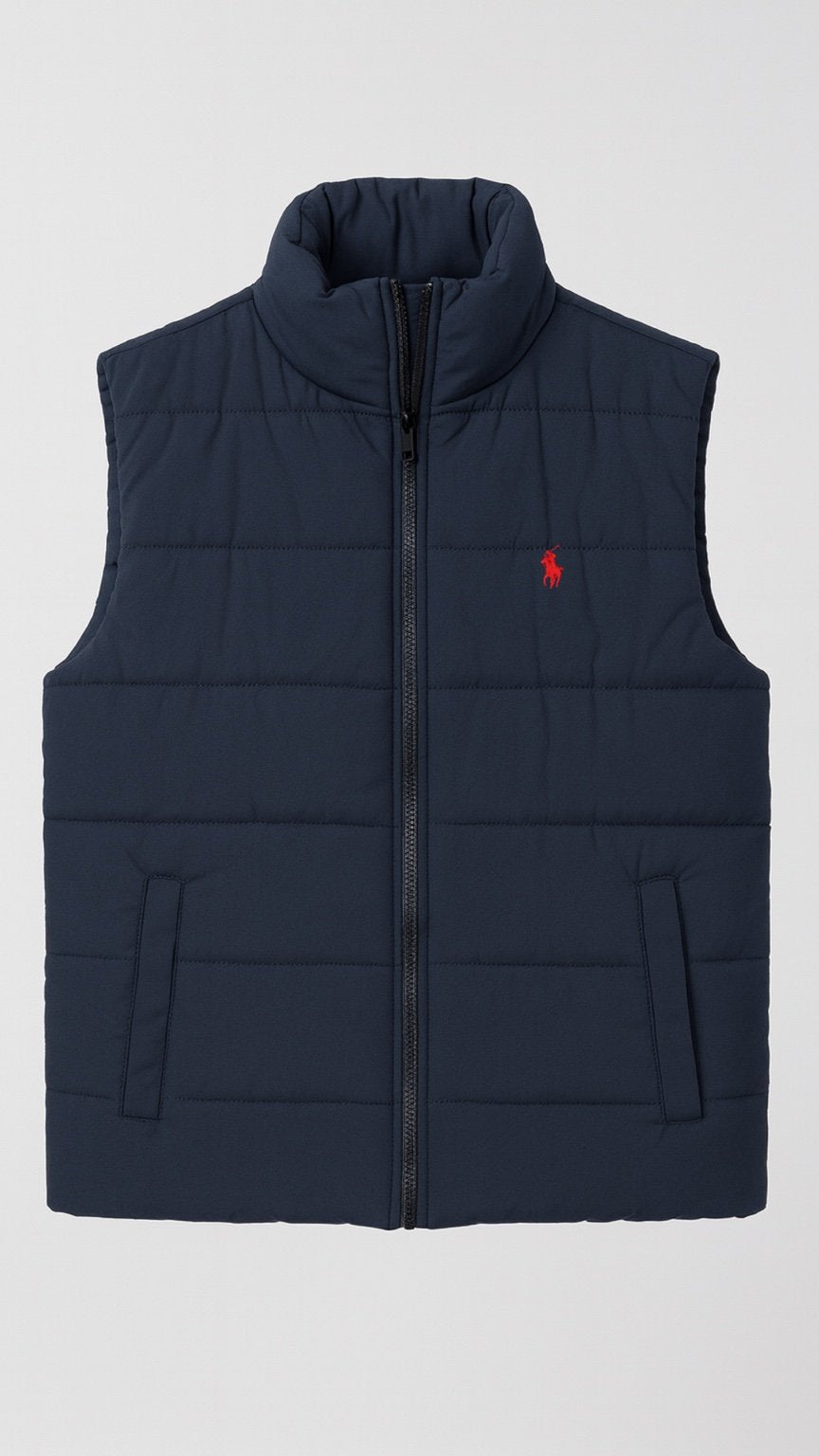 Navy blue puffer vest with a red logo on a white background