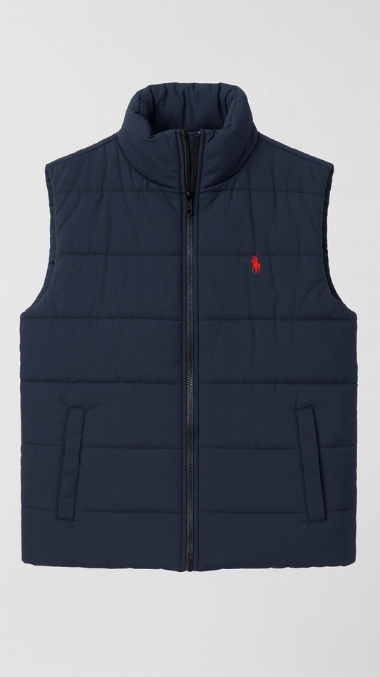 Navy blue puffer vest with a red logo on a white background