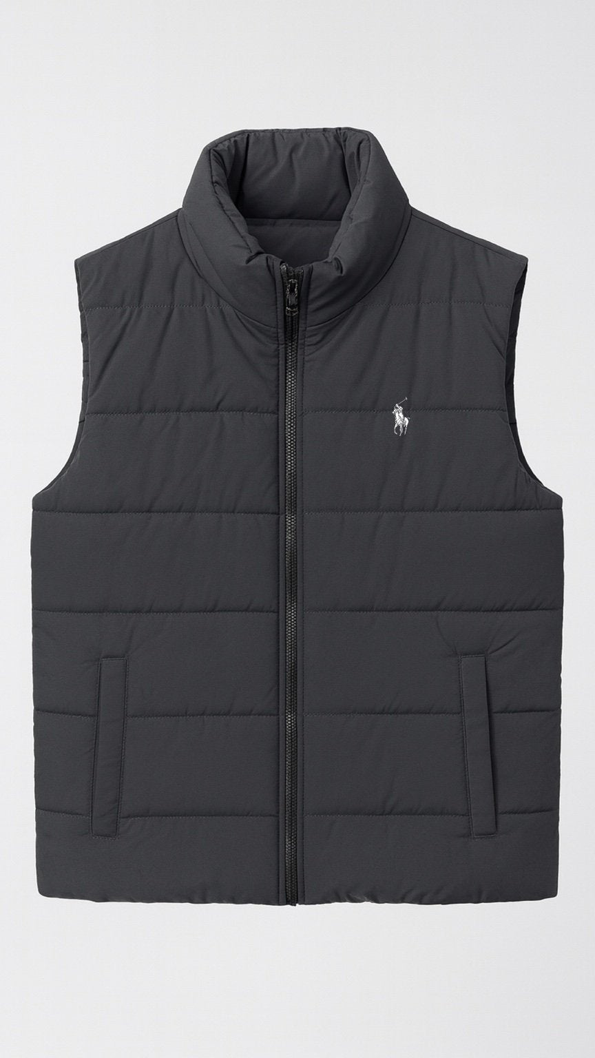 Black puffer vest with a brand logo on a white background