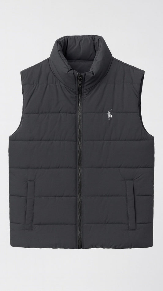 Black puffer vest with a brand logo on a white background