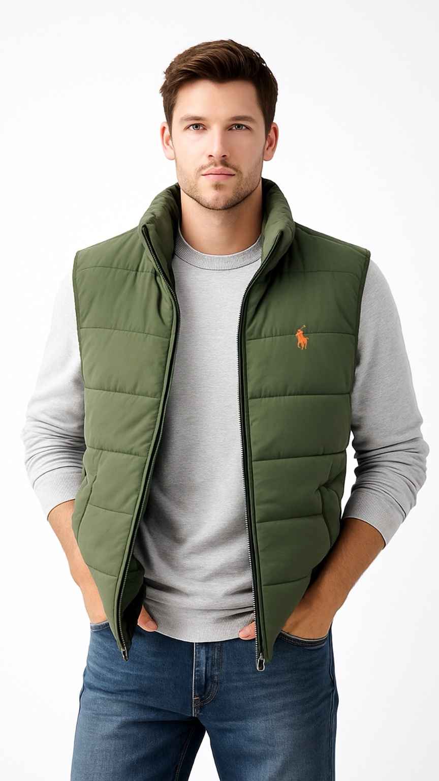 Man wearing a green puffer vest with a brand logo on a white background