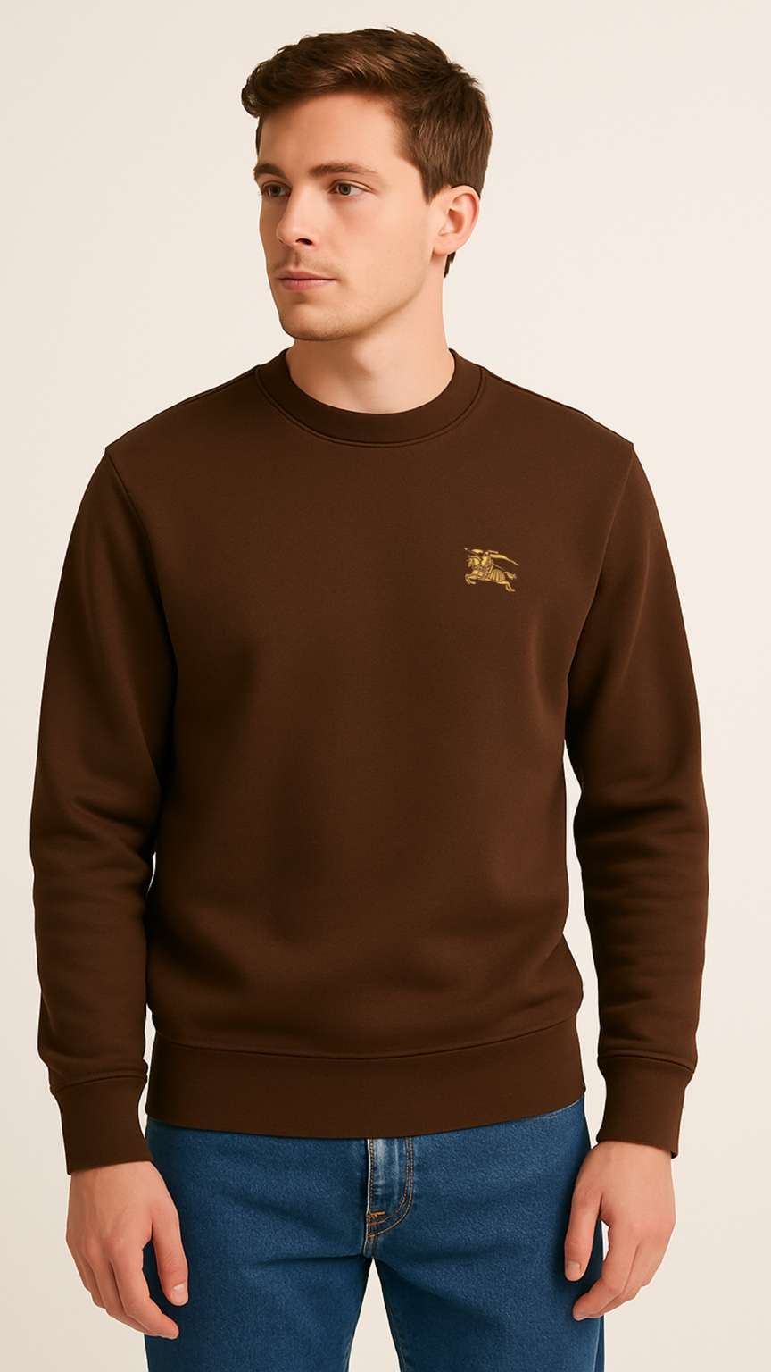 Man wearing a brown sweatshirt with a logo on a beige background
