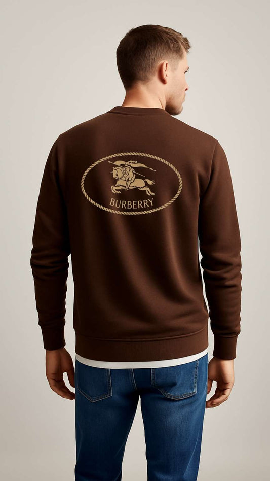Man wearing a brown Burberry sweatshirt with a lion emblem on a plain background