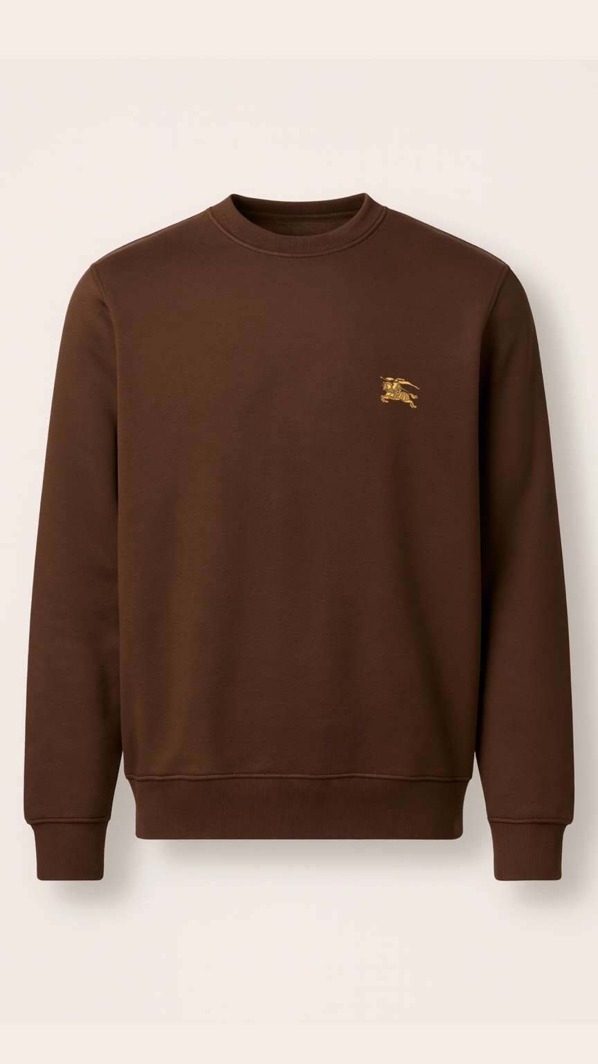 Brown sweatshirt with a small logo on a beige background