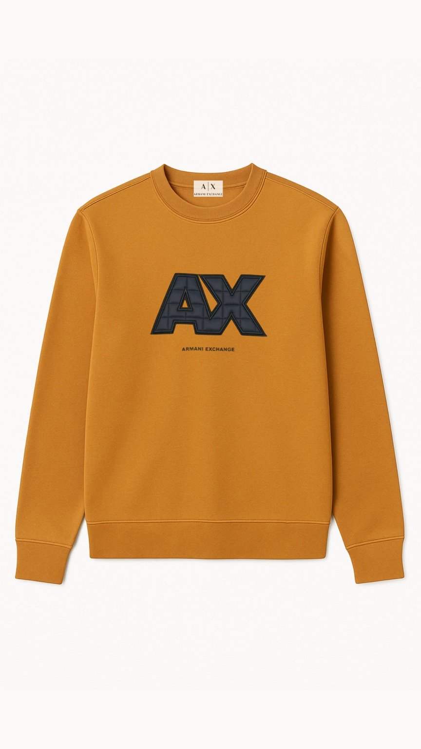 Mustard yellow sweatshirt with AX logo on a white background