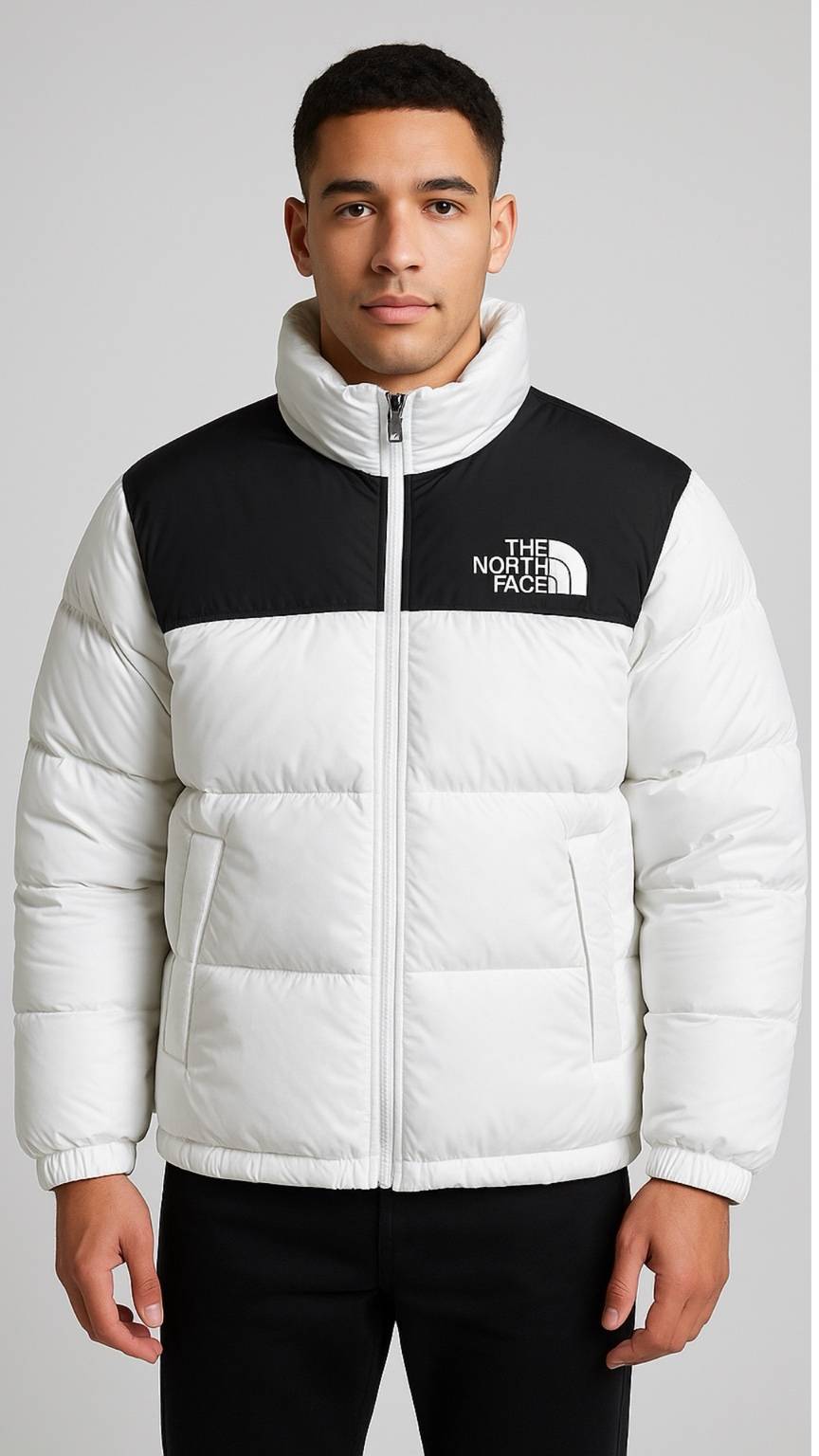 Person wearing a white and black The North Face jacket on a light gray background