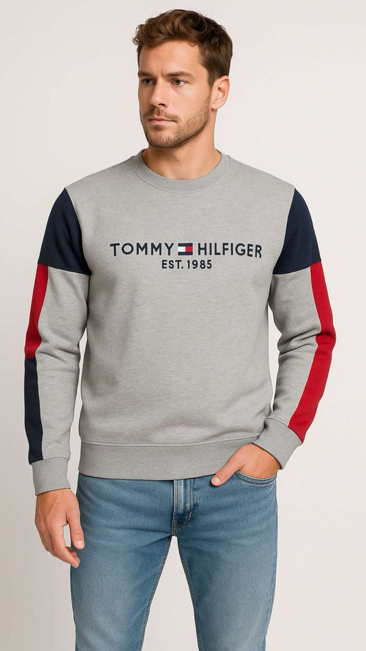 Man wearing a Tommy Hilfiger sweatshirt with color-blocked sleeves on a light gray background
