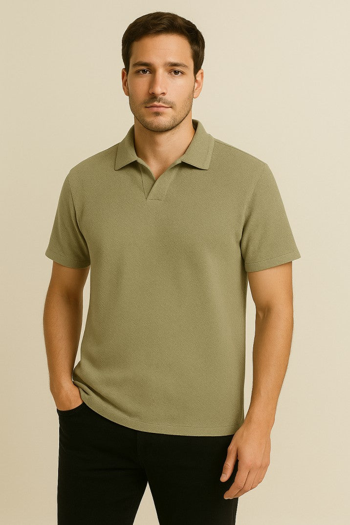 Self Knitted Olive Polo J-Neck
